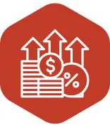 Icon of a red hexagon with white graphics of upward arrows, a stack of coins, a dollar sign, and a percentage symbol, representing financial growth or increase.