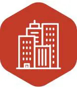 Icon of three white outlined buildings on a red hexagonal background.