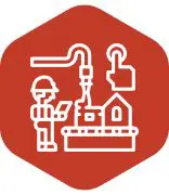 Icon of a person with a clipboard inspecting a machine, featuring a house and a large hook.