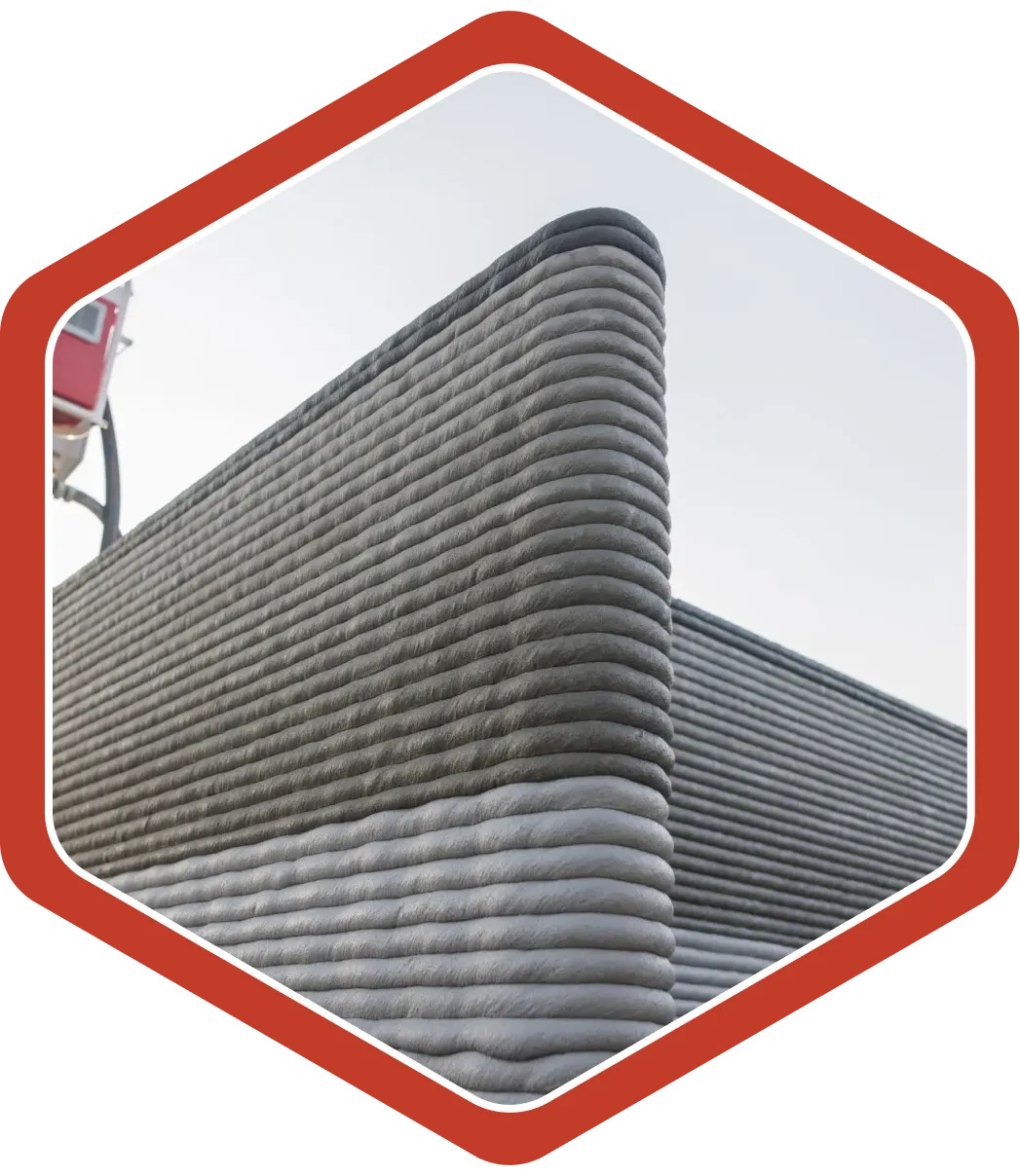 Close-up of a 3D-printed concrete building wall, showing smooth, layered texture.